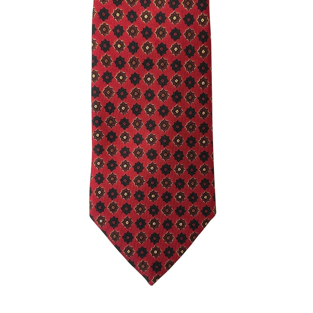 Vintage Silk Tie Red Geometric Medallion Harrods Knightsbridge England Retro Ivy